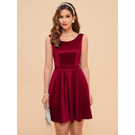 Mini Bow Back Solid Satin Fit and Flare Sleeveless Dress - Elegant Party and Banquet Outfit for Women - Perfect for Birthday, Wedding, and Engagement Occasions
