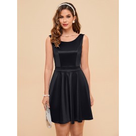 Mini Bow Back Solid Satin Fit and Flare Sleeveless Dress - Elegant Party and Banquet Outfit for Women - Perfect for Birthday, Wedding, and Engagement Occasions