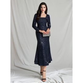 1pc Elegant Sequined Backless Maxi Dress for Women, Polyester Knit Fabric, Square Neckline, Solid Color, Versatile for All Seasons, Mother'S Wedding Party Gown 1pc Elegant Sequined Backless Maxi Dress for Women, Polyester Knit Fabric, Square Neckline, Solid Color, Versatile for All Seasons, Mother'S Wedding Party Gown