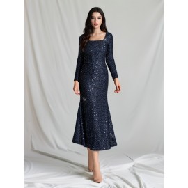 1pc Elegant Sequined Backless Maxi Dress for Women, Polyester Knit Fabric, Square Neckline, Solid Color, Versatile for All Seasons, Mother'S Wedding Party Gown 1pc Elegant Sequined Backless Maxi Dress for Women, Polyester Knit Fabric, Square Neckline, Solid Color, Versatile for All Seasons, Mother'S Wedding Party Gown