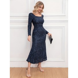 1pc Elegant Sequined Backless Maxi Dress for Women, Polyester Knit Fabric, Square Neckline, Solid Color, Versatile for All Seasons, Mother'S Wedding Party Gown 1pc Elegant Sequined Backless Maxi Dress for Women, Polyester Knit Fabric, Square Neckline, Solid Color, Versatile for All Seasons, Mother'S Wedding Party Gown