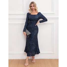 1pc Elegant Sequined Backless Maxi Dress for Women, Polyester Knit Fabric, Square Neckline, Solid Color, Versatile for All Seasons, Mother'S Wedding Party Gown 1pc Elegant Sequined Backless Maxi Dress for Women, Polyester Knit Fabric, Square Neckline, Solid Color, Versatile for All Seasons, Mother'S Wedding Party Gown