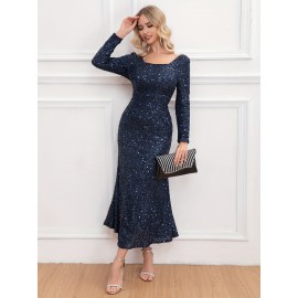 1pc Elegant Sequined Backless Maxi Dress for Women, Polyester Knit Fabric, Square Neckline, Solid Color, Versatile for All Seasons, Mother'S Wedding Party Gown 1pc Elegant Sequined Backless Maxi Dress for Women, Polyester Knit Fabric, Square Neckline, Solid Color, Versatile for All Seasons, Mother'S Wedding Party Gown