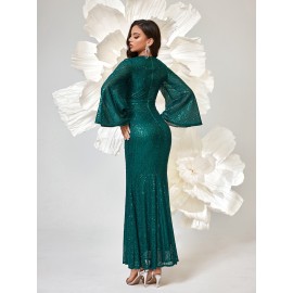 Long Sleeve Shiny Sequin V-neck Elegant Mermaid Hem Formal Dress for Party & Banquet, Women's Clothing Long Sleeve Shiny Sequin V-neck Elegant Mermaid Hem Formal Dress for Party & Banquet, Women's Clothing
