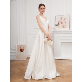 Elegant V-Neck Sleeveless A-Line Wedding Gown with Pencil Skirt and Exposed Back Elegant V-Neck Sleeveless A-Line Wedding Gown with Pencil Skirt and Exposed Back