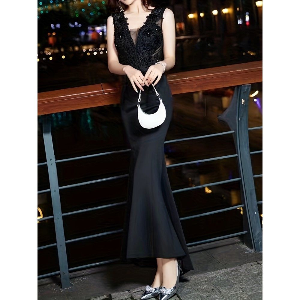 Sleeveless Contrast Mesh V Neck Bodycon Dress, Elegant Evening Dress For Wedding Party, Women's Clothing Sleeveless Contrast Mesh V Neck Bodycon Dress, Elegant Evening Dress For Wedding Party, Women's Clothing