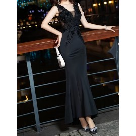 Sleeveless Contrast Mesh V Neck Bodycon Dress, Elegant Evening Dress For Wedding Party, Women's Clothing Sleeveless Contrast Mesh V Neck Bodycon Dress, Elegant Evening Dress For Wedding Party, Women's Clothing