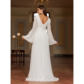 Solid V-neck Pleated Sweep Train Dress, Elegant Flare Sleeve Trumpet Dress For Wedding Party, Women's Clothing Solid V-neck Pleated Sweep Train Dress, Elegant Flare Sleeve Trumpet Dress For Wedding Party, Women's Clothing