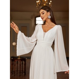 Solid V-neck Pleated Sweep Train Dress, Elegant Flare Sleeve Trumpet Dress For Wedding Party, Women's Clothing Solid V-neck Pleated Sweep Train Dress, Elegant Flare Sleeve Trumpet Dress For Wedding Party, Women's Clothing