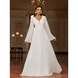 Solid V-neck Pleated Sweep Train Dress, Elegant Flare Sleeve Trumpet Dress For Wedding Party, Women's Clothing Solid V-neck Pleated Sweep Train Dress, Elegant Flare Sleeve Trumpet Dress For Wedding Party, Women's Clothing