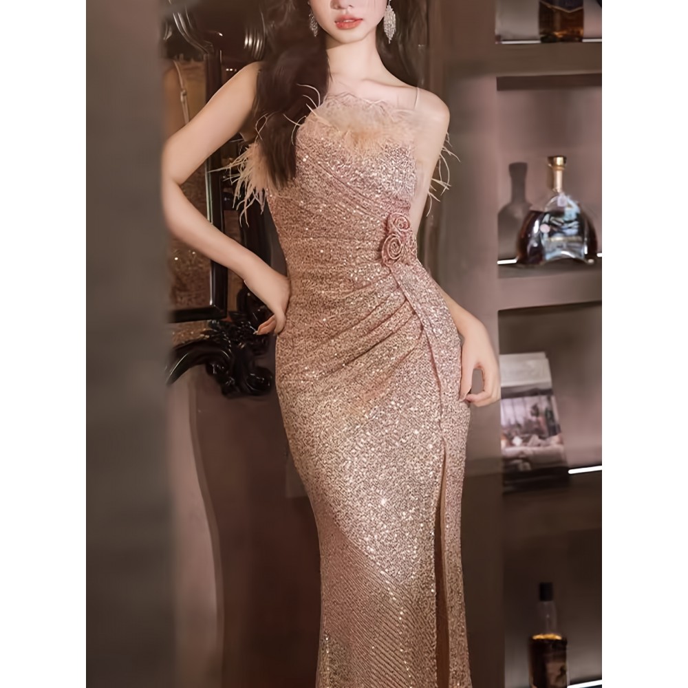 Elegant Black Sequin Evening Gown for Women - Luxurious Off-Shoulder, Sleeveless with Belt & Side Slit, Perfect for Parties & Banquets Elegant Black Sequin Evening Gown for Women - Luxurious Off-Shoulder, Sleeveless with Belt & Side Slit, Perfect for Parties & Banquets