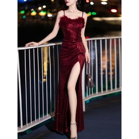 Elegant Black Sequin Evening Gown for Women - Luxurious Off-Shoulder, Sleeveless with Belt & Side Slit, Perfect for Parties & Banquets Elegant Black Sequin Evening Gown for Women - Luxurious Off-Shoulder, Sleeveless with Belt & Side Slit, Perfect for Parties & Banquets