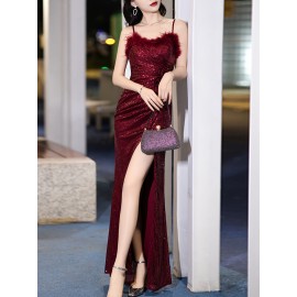 Elegant Black Sequin Evening Gown for Women - Luxurious Off-Shoulder, Sleeveless with Belt & Side Slit, Perfect for Parties & Banquets Elegant Black Sequin Evening Gown for Women - Luxurious Off-Shoulder, Sleeveless with Belt & Side Slit, Perfect for Parties & Banquets