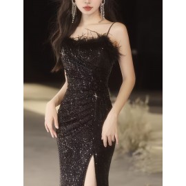 Elegant Black Sequin Evening Gown for Women - Luxurious Off-Shoulder, Sleeveless with Belt & Side Slit, Perfect for Parties & Banquets Elegant Black Sequin Evening Gown for Women - Luxurious Off-Shoulder, Sleeveless with Belt & Side Slit, Perfect for Parties & Banquets