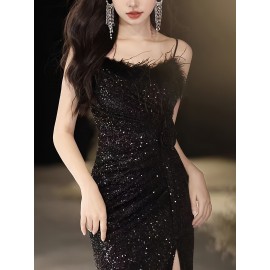 Elegant Black Sequin Evening Gown for Women - Luxurious Off-Shoulder, Sleeveless with Belt & Side Slit, Perfect for Parties & Banquets Elegant Black Sequin Evening Gown for Women - Luxurious Off-Shoulder, Sleeveless with Belt & Side Slit, Perfect for Parties & Banquets