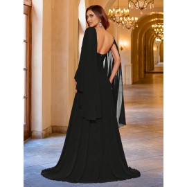 Elegant V-Neck Long Sleeve Sheer Shawl Dress with Exposed Back, Knit Fabric, A-Line Style, Solid Color, Super Long Length, All-Season Adult Dress Elegant V-Neck Long Sleeve Sheer Shawl Dress with Exposed Back, Knit Fabric, A-Line Style, Solid Color, Super Long Length, All-Season Adult Dress