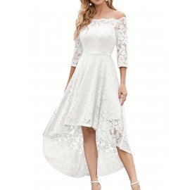 3/4 Sleeves Lace High-Low Off Shoulder Bridesmaid Dress, Cocktail Party Dress for Church Wedding Guest Formal Party 3/4 Sleeves Lace High-Low Off Shoulder Bridesmaid Dress, Cocktail Party Dress for Church Wedding Guest Formal Party