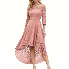 3/4 Sleeves Lace High-Low Off Shoulder Bridesmaid Dress, Cocktail Party Dress for Church Wedding Guest Formal Party 3/4 Sleeves Lace High-Low Off Shoulder Bridesmaid Dress, Cocktail Party Dress for Church Wedding Guest Formal Party