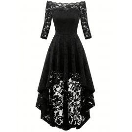 3/4 Sleeves Lace High-Low Off Shoulder Bridesmaid Dress, Cocktail Party Dress for Church Wedding Guest Formal Party 3/4 Sleeves Lace High-Low Off Shoulder Bridesmaid Dress, Cocktail Party Dress for Church Wedding Guest Formal Party