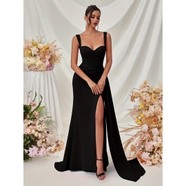 Elegant Spaghetti Strap Backless Gown with Thigh-High Slit - Perfect for Parties & Formal Events, Women's Evening Dress Elegant Spaghetti Strap Backless Gown with Thigh-High Slit - Perfect for Parties & Formal Events, Women's Evening Dress