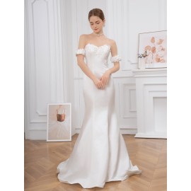 Elegant Off-Shoulder Ruffle Hem Wedding Dress - Exquisite Tie Back Wedding Party Gown for Women - Formal Evening, Occasion, Engagement, Ceremony, and Reception Wear Elegant Off-Shoulder Ruffle Hem Wedding Dress - Exquisite Tie Back Wedding Party Gown for Women - Formal Evening, Occasion, Engagement, Ceremony, and Reception Wear