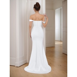 Elegant Off-the-Shoulder Mermaid Gown with High Slit and Choker Neckline - Perfect for Wedding or Formal Events Elegant Off-the-Shoulder Mermaid Gown with High Slit and Choker Neckline - Perfect for Wedding or Formal Events