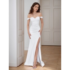 Elegant Off-the-Shoulder Mermaid Gown with High Slit and Choker Neckline - Perfect for Wedding or Formal Events Elegant Off-the-Shoulder Mermaid Gown with High Slit and Choker Neckline - Perfect for Wedding or Formal Events