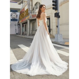 High Slit Luxury Beach Wedding Dresses, Sweetheart Lace Up Back A-Line Tulle Formal Evening Gowns with Hand Beading for Women High Slit Luxury Beach Wedding Dresses, Sweetheart Lace Up Back A-Line Tulle Formal Evening Gowns with Hand Beading for Women