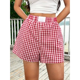 Plaid Elastic Waist Shorts, Casual Shorts For Spring & Summer, Women's Clothing Plaid Elastic Waist Shorts, Casual Shorts For Spring & Summer, Women's Clothing