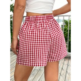Plaid Elastic Waist Shorts, Casual Shorts For Spring & Summer, Women's Clothing Plaid Elastic Waist Shorts, Casual Shorts For Spring & Summer, Women's Clothing