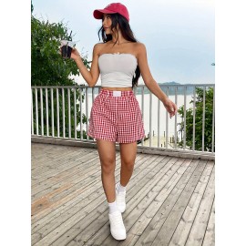 Plaid Elastic Waist Shorts, Casual Shorts For Spring & Summer, Women's Clothing Plaid Elastic Waist Shorts, Casual Shorts For Spring & Summer, Women's Clothing