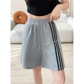 Women's Casual Sporty Shorts - Loose Fit, Mid-Rise with Drawstring Waistband, Breathable Polyester, Letter Print Design for Spring/Summer/Fall Women's Casual Sporty Shorts - Loose Fit, Mid-Rise with Drawstring Waistband, Breathable Polyester, Letter Print Design for Spring/Summer/Fall