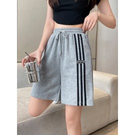 Women's Casual Sporty Shorts - Loose Fit, Mid-Rise with Drawstring Waistband, Breathable Polyester, Letter Print Design for Spring/Summer/Fall Women's Casual Sporty Shorts - Loose Fit, Mid-Rise with Drawstring Waistband, Breathable Polyester, Letter Print Design for Spring/Summer/Fall