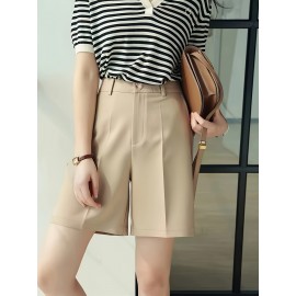Button Front High Waist Shorts, Casual Solid Color Slant Pockets Loose Shorts For Spring & Summer, Women's Clothing Button Front High Waist Shorts, Casual Solid Color Slant Pockets Loose Shorts For Spring & Summer, Women's Clothing