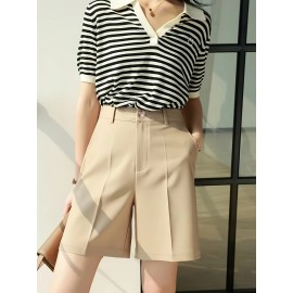 Button Front High Waist Shorts, Casual Solid Color Slant Pockets Loose Shorts For Spring & Summer, Women's Clothing Button Front High Waist Shorts, Casual Solid Color Slant Pockets Loose Shorts For Spring & Summer, Women's Clothing