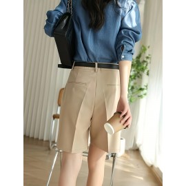 Button Front High Waist Shorts, Casual Solid Color Slant Pockets Loose Shorts For Spring & Summer, Women's Clothing Button Front High Waist Shorts, Casual Solid Color Slant Pockets Loose Shorts For Spring & Summer, Women's Clothing