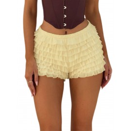 Women Shorts, Summer Elastic Waist Solid Layered Slim Fit Casual Shorts Clubwear