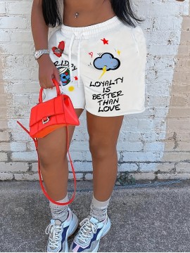 Vibrant Alphabet Print Knit Shorts - Elastic Drawstring Waist, Micro Elastic Polyester Fabric, Casual Style for Spring, Summer, and Fall - Womens High Waist Comfortable Shorts for Everyday Wear