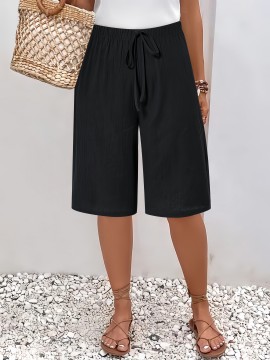 1pc Women'S Casual Polyester Shorts, Solid Color, All-Season, Woven Fabric, with Fake Drawstring Detail