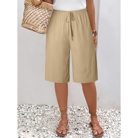 1pc Women'S Casual Polyester Shorts, Solid Color, All-Season, Woven Fabric, with Fake Drawstring Detail 1pc Women'S Casual Polyester Shorts, Solid Color, All-Season, Woven Fabric, with Fake Drawstring Detail