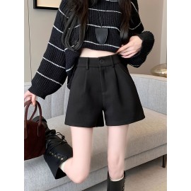 Elegant High-Waist Fleece Shorts for Women - Slimming A-Line Fit, Perfect for Fall & Winter with Pockets Elegant High-Waist Fleece Shorts for Women - Slimming A-Line Fit, Perfect for Fall & Winter with Pockets