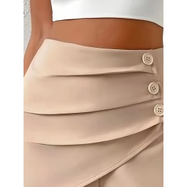 Trendy Ruched Asymmetrical Shorts - Fashionable Solid Color with Fake Buttons - Perfect for Spring & Summer - Chic Womens Casual Wear Trendy Ruched Asymmetrical Shorts - Fashionable Solid Color with Fake Buttons - Perfect for Spring & Summer - Chic Womens Casual Wear