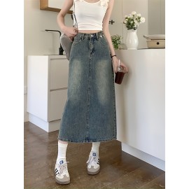 Vintage-Inspired High-Waist Split A-Line Denim Midi Skirt - Slimming, Casual Style with Button Detail, Machine Washable Vintage-Inspired High-Waist Split A-Line Denim Midi Skirt - Slimming, Casual Style with Button Detail, Machine Washable