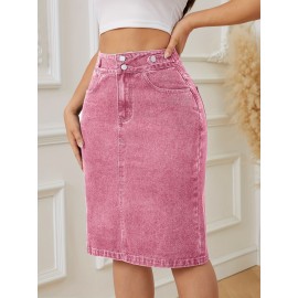 Women's Fashion Pink Denim Skirt - Cotton Blend, Medium Stretch, Solid Color, Sexy Straight Cut with Decorative Fake Buttons, Woven Fabric, Perfect for Spring/Summer/Fall Women's Fashion Pink Denim Skirt - Cotton Blend, Medium Stretch, Solid Color, Sexy Straight Cut with Decorative Fake Buttons, Woven Fabric, Perfect for Spring/Summer/Fall