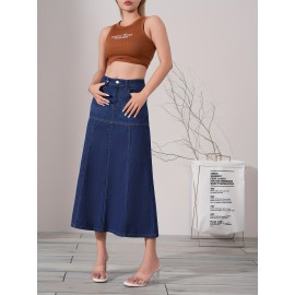 Dark Washed Women's Casual Midi Denim Skirt, Blue Jeans Style, Classic Fit Dark Washed Women's Casual Midi Denim Skirt, Blue Jeans Style, Classic Fit