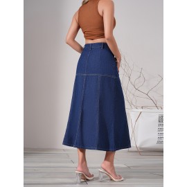 Dark Washed Women's Casual Midi Denim Skirt, Blue Jeans Style, Classic Fit Dark Washed Women's Casual Midi Denim Skirt, Blue Jeans Style, Classic Fit