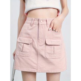 Plain Flap Pocket Cargo Denim Skirt, High Rise Versatile Hot Mini Denim Skirt, Women's Denim Jeans & Clothing Plain Flap Pocket Cargo Denim Skirt, High Rise Versatile Hot Mini Denim Skirt, Women's Denim Jeans & Clothing