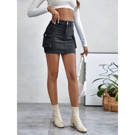 Plain Flap Pockets Cargo Denim Mini Skirt, High Stretch Double Button Washed Denim Skirt, Women's Denim Clothing Plain Flap Pockets Cargo Denim Mini Skirt, High Stretch Double Button Washed Denim Skirt, Women's Denim Clothing