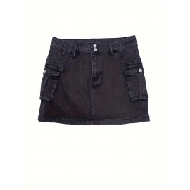 Plain Flap Pockets Cargo Denim Mini Skirt, High Stretch Double Button Washed Denim Skirt, Women's Denim Clothing Plain Flap Pockets Cargo Denim Mini Skirt, High Stretch Double Button Washed Denim Skirt, Women's Denim Clothing
