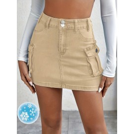 Plain Flap Pockets Cargo Denim Mini Skirt, High Stretch Double Button Washed Denim Skirt, Women's Denim Clothing Plain Flap Pockets Cargo Denim Mini Skirt, High Stretch Double Button Washed Denim Skirt, Women's Denim Clothing